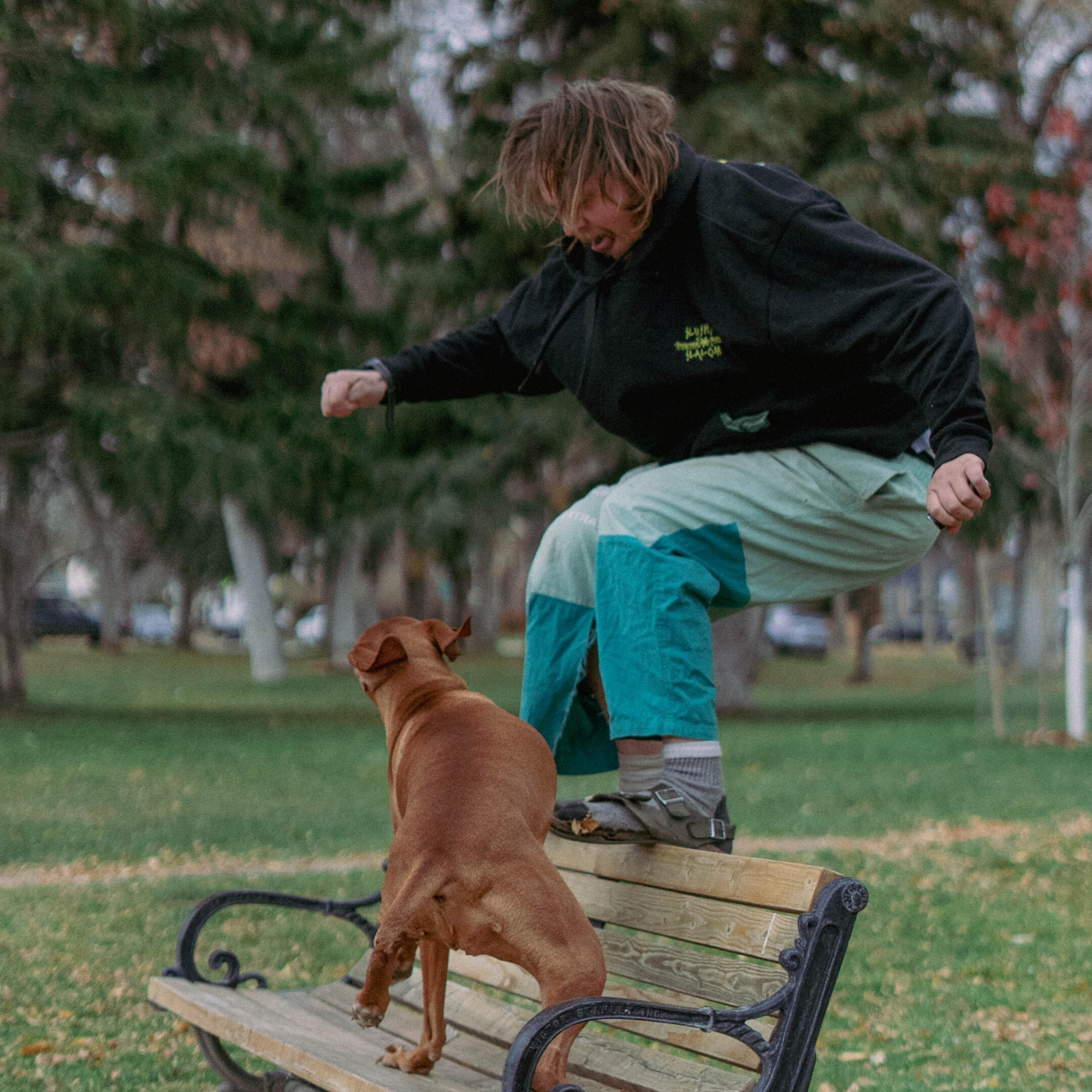 Person wearing green socks downtown